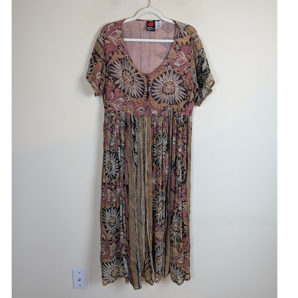 Vintage Rosey Tomato Dress Medium Multicolor Floral Sun Boho Gauze Maxi Flowy